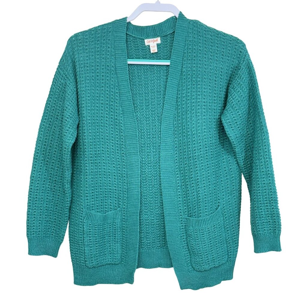 Cat & Jack Girls Open Front Waffle Knit Cardigan Sweater Teal XL 14 Lightweight